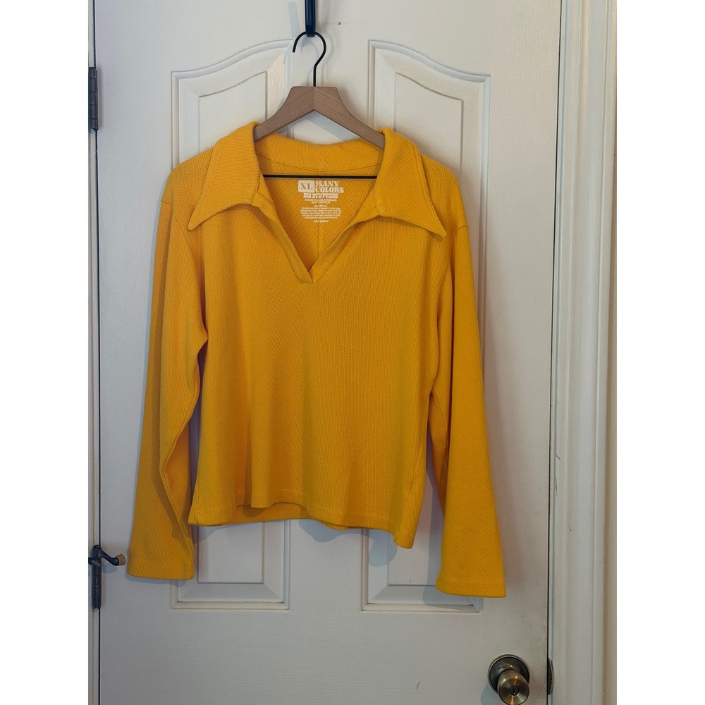 Big Bud Press | Fisherman Polo XL Yellow Long Sleeve Waffle Knit Cotton Unisex - Picture 3 of 8